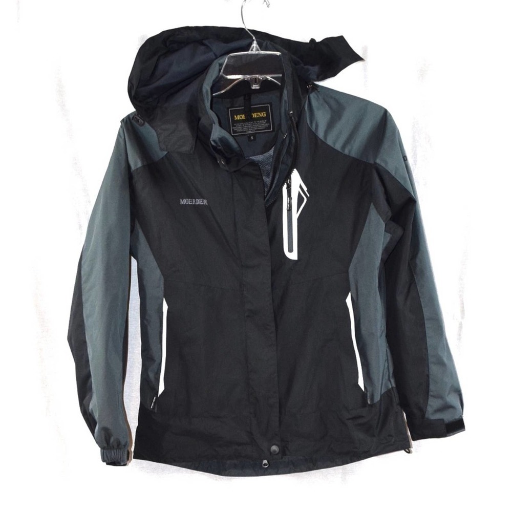 MOERDENG black & gray lined hoodred rain coat / jacket, size small